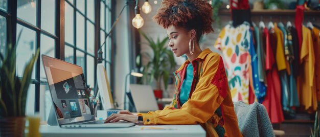 Photo screenshot of multiethnic female working on laptop computer with fashion designing software successful designer developing a marketing strategy