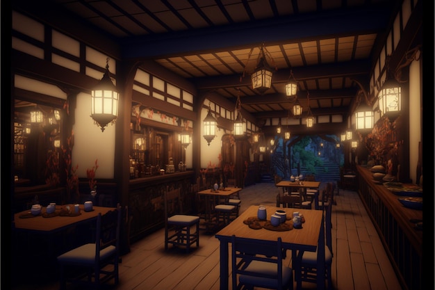 Скриншот ресторана с фонарем, свисающим с потолка.