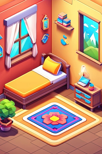 a screenshot of a room with a bed and a mirror.