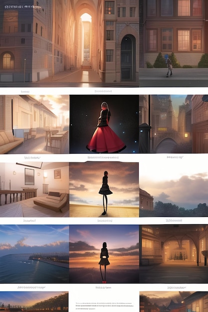 A screenshot of a series of screenshots from the game the girl in red dress is standing in front of a building.