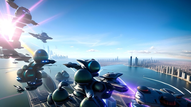 A screenshot of a space ship with a city in the background illustration