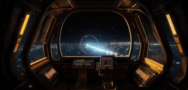 A screenshot of a spaceship with a view of the space station.