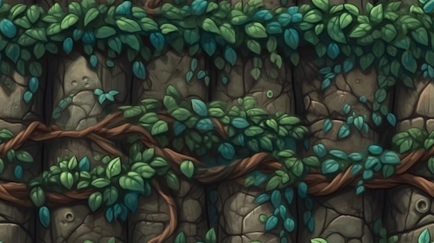 A screenshot of a stone wall with vines growing on it.