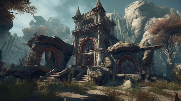 A screenshot of a temple in a mountain landscape