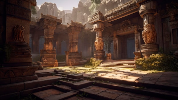 A screenshot of a temple with a stone floor and columns.