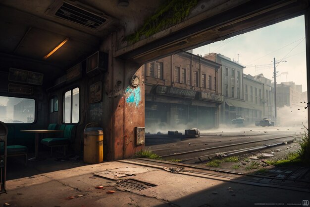 A screenshot of a train station with the words metro exodus on the left side