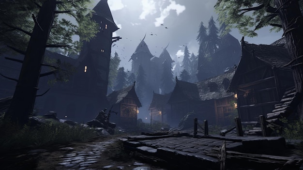 Screenshot of a Village in a Dark Forest