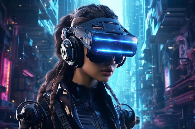 a screenshot of a woman wearing virtual reality headset.