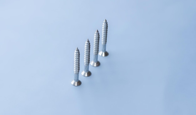 screw different sizes in a row on light blue background Stainless bolt Hardware repair tools isola