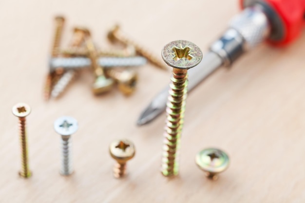 Photo screwdriver and screws wrapped in wooden plank