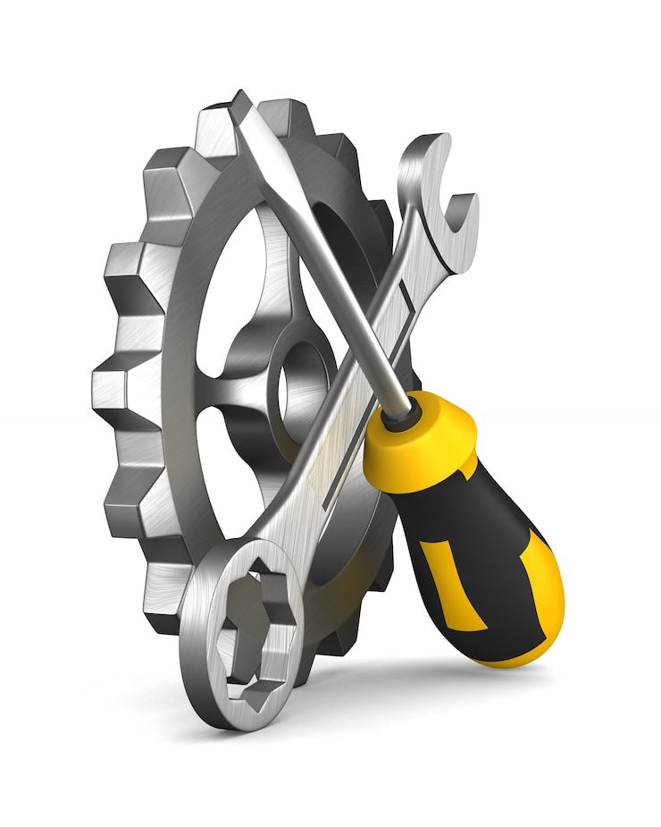 Photo screwdriver and turnscrew and gear on white background. isolated 3d illustration