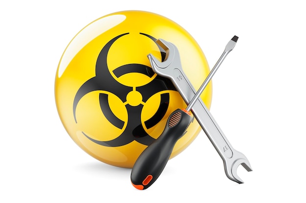 Screwdriver and wrench with bio hazard symbol 3D rendering isolated on white background