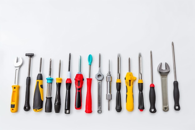 Photo screwdrivers and wrenches are lined up isolated on white background