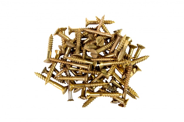 Screws gold-colored on white background