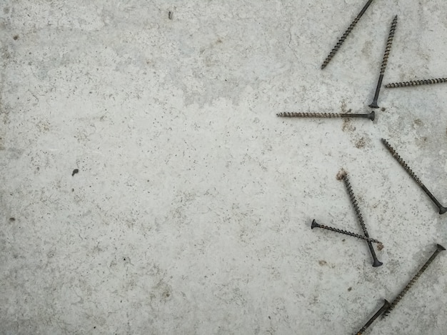 screws on a white concrete wall.