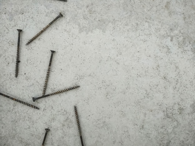screws on a white concrete wall.