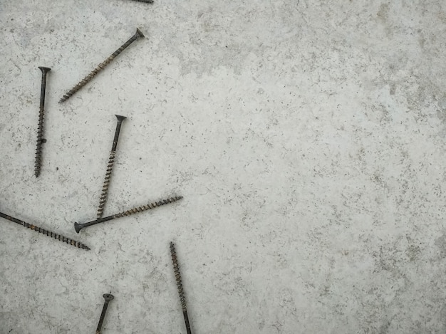 Screws on a white concrete wall.