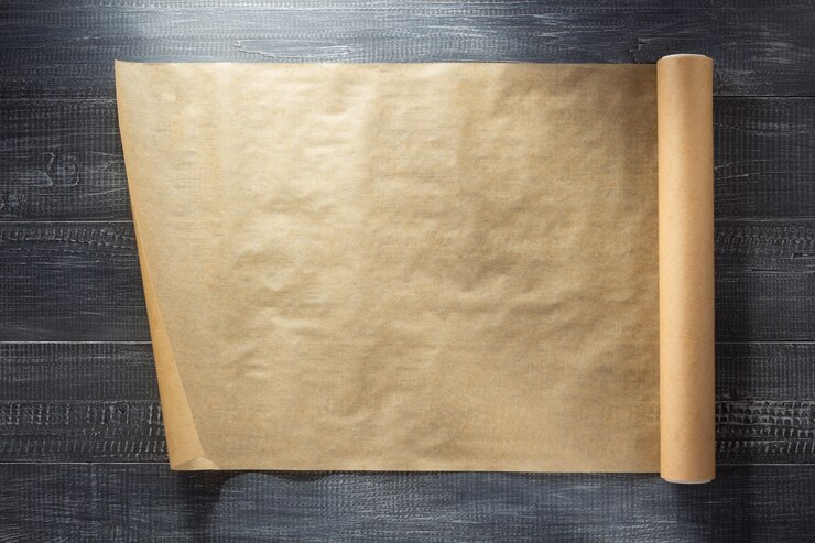 Photo scroll of brown paper at wooden background texture