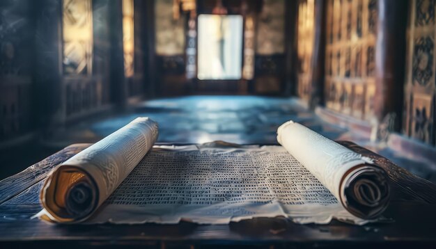 A scroll of paper with writing on it is on a wooden table