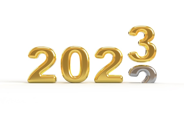 Photo scrolling 2022 to 2023 gold 3d render metallic numbers isolated on a white backgroundillustration