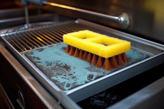 Foto strofina la spazzola e la soluzione detergente sulle griglie del forno