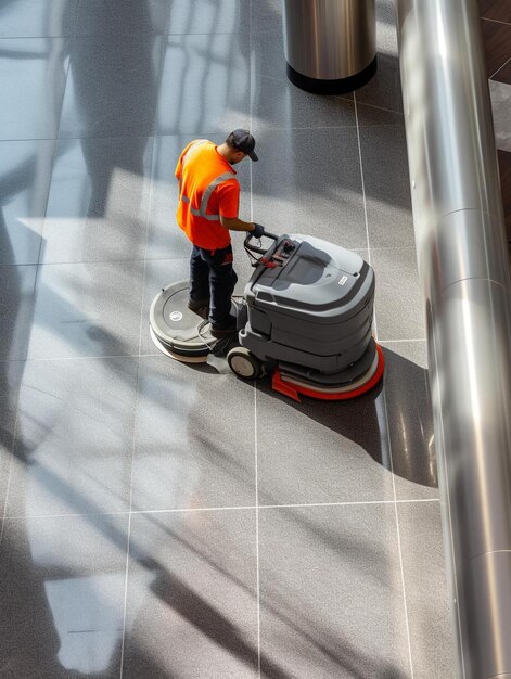 Photo scrubber dryer works in the lobby of the shopping center