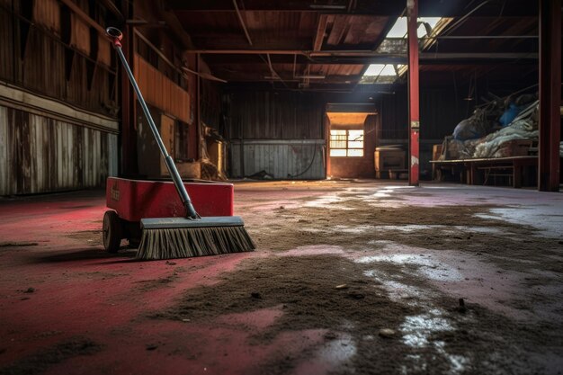 Scrubbing brush on grimecovered garage floor