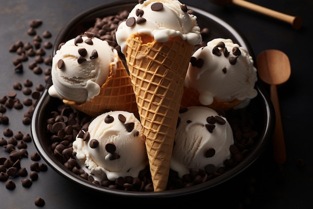 Scrumptious arrangement flat lay of delectable chocolate chips studded ice cream