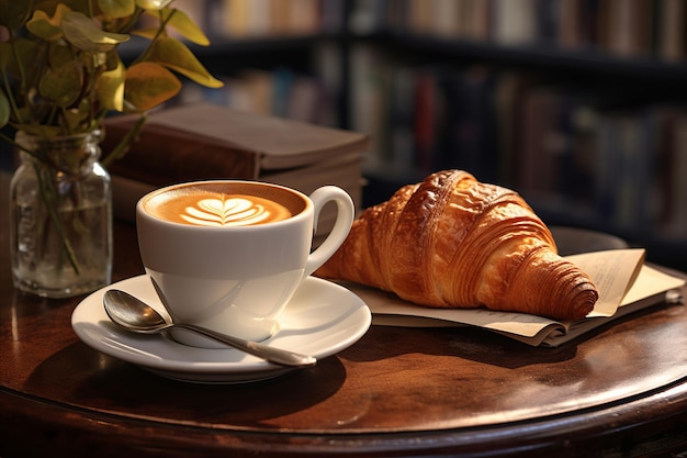 Scrumptious Croissant and Freshly Brewed Coffee on Cafe Table in Urban Outdoor Setting