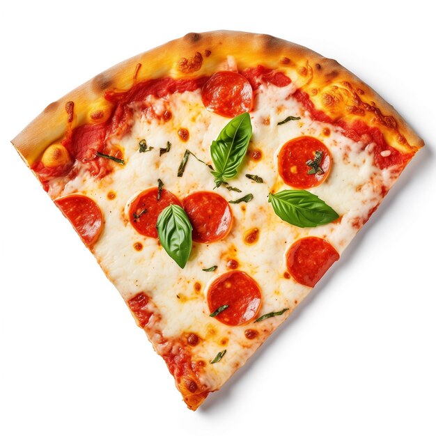 A scrumptious pizza margherita slice top view isolated on white background