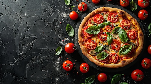 Scrumptious pizza with tomatoes and herbs isolated on a dark background and plenty of room for advertising Generative AI