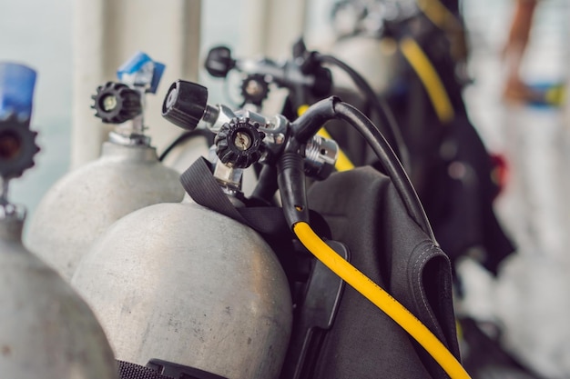 Scuba compressed air tank on boat. Ready for diving