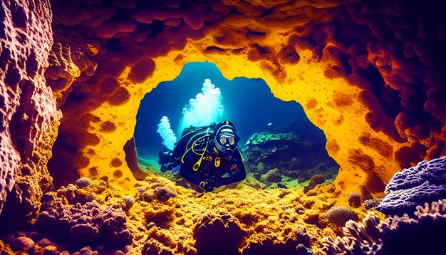 Photo scuba deep sea diver swimming in a deep ocean cavern underwater exploration into the abyss