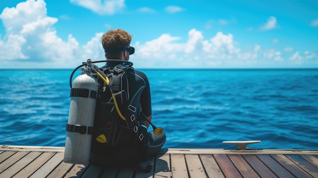 Scuba diver before diving A man in a diving suit is preparing to dive into the deep sea