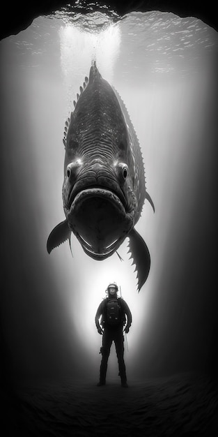 Foto un subacqueo e un grande mostro marino di pesce concept art illustrazione ai generati