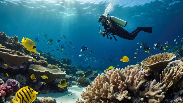 Photo scuba diver in the deep blue sea underwater with fishes and corals