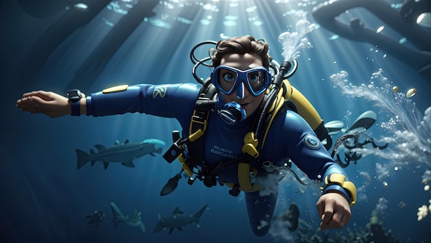 a scuba diver in a deep blue sea