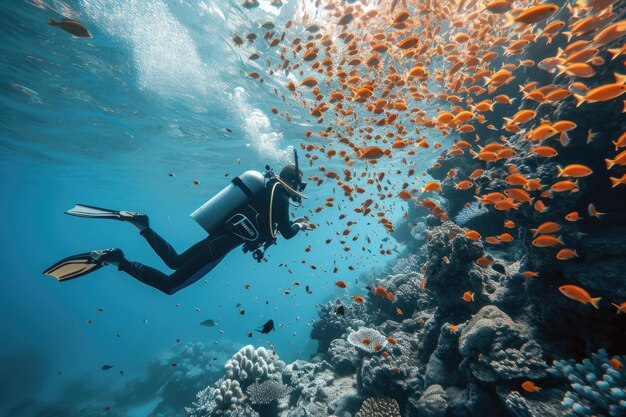 Scuba diver diving on a tropical reef with blue background and reef fish