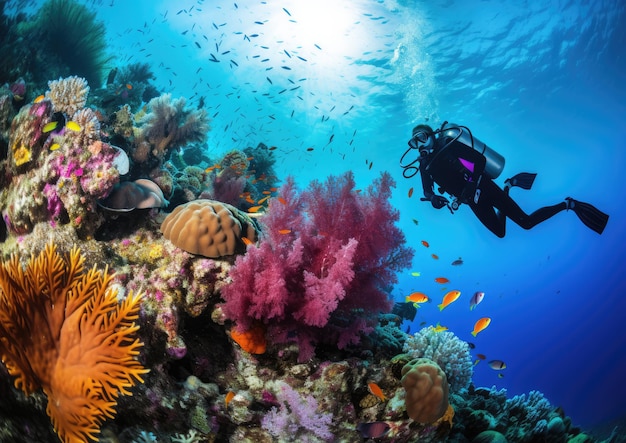 A scuba diver exploring a vibrant coral reef captured from a lowangle perspective to showcase the