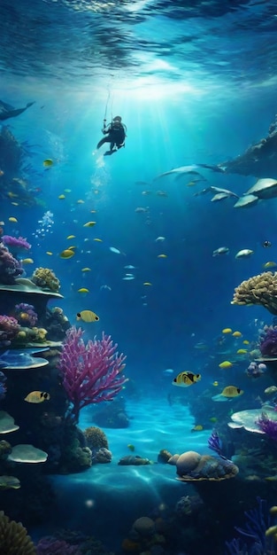 A scuba diver exploring vibrant coral reefs while swimming in the ocean