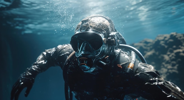 Фото Аквалангист в комбинезоне плавает под водой