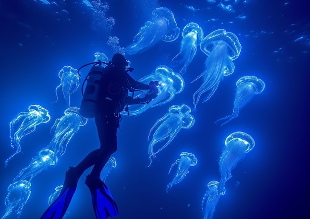 Scuba Diver Surrounded by Jellyfish in the Ocean