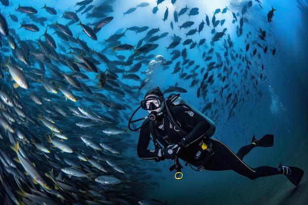 Scuba diver swimming among schools of fish surrounded by aquatic life created with generative ai