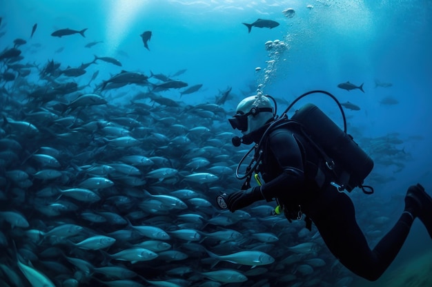 A scuba diver swims among a shoal of fishes Generative AI