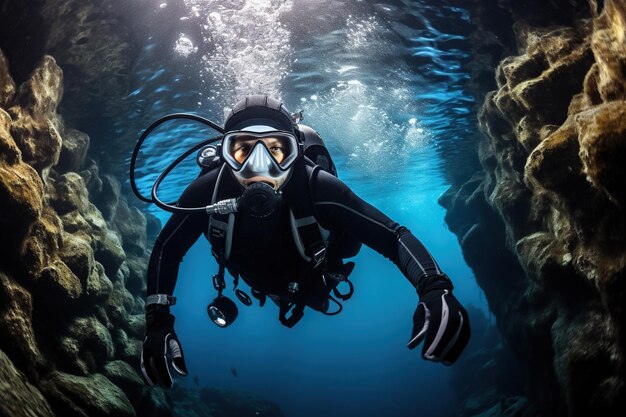 A scuba diver swims through an underwater cave The underwater sea world and the marine ecosystem