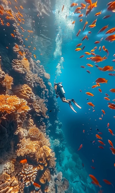 スキューバダイバーが水中を泳ぎながら美しい生きた海洋の植物と動物を背景に水中の海のフォトリアリズム写真を撮っています