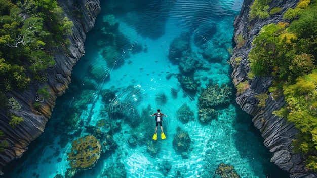 A scuba diver swims underwater against the backdrop of beautiful living flora and fauna of the ocean photorealistic photograph of the underwater sea