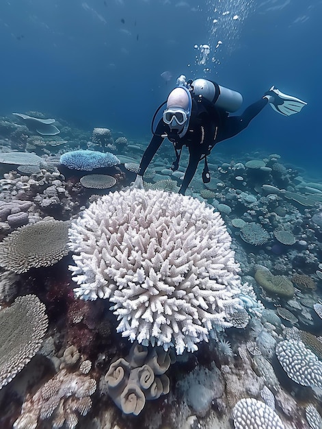 スキューバダイバーが水中を泳ぎながら美しい生きた海洋の植物と動物を背景に水中の海のフォトリアリズム写真を撮っています