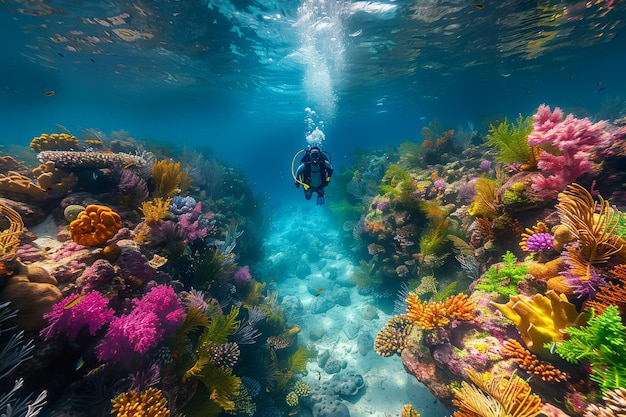 A scuba diver swims underwater against the backdrop of beautiful living flora and fauna of the ocean photorealistic photograph of the underwater sea