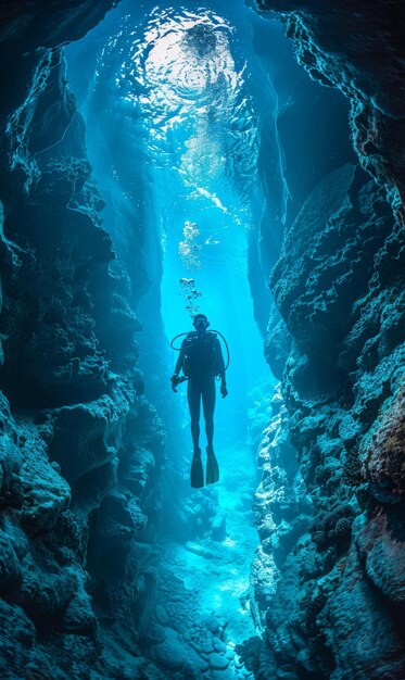 スキューバダイバーが水中を泳ぎながら美しい生きた海洋の植物と動物を背景に水中の海のフォトリアリズム写真を撮っています